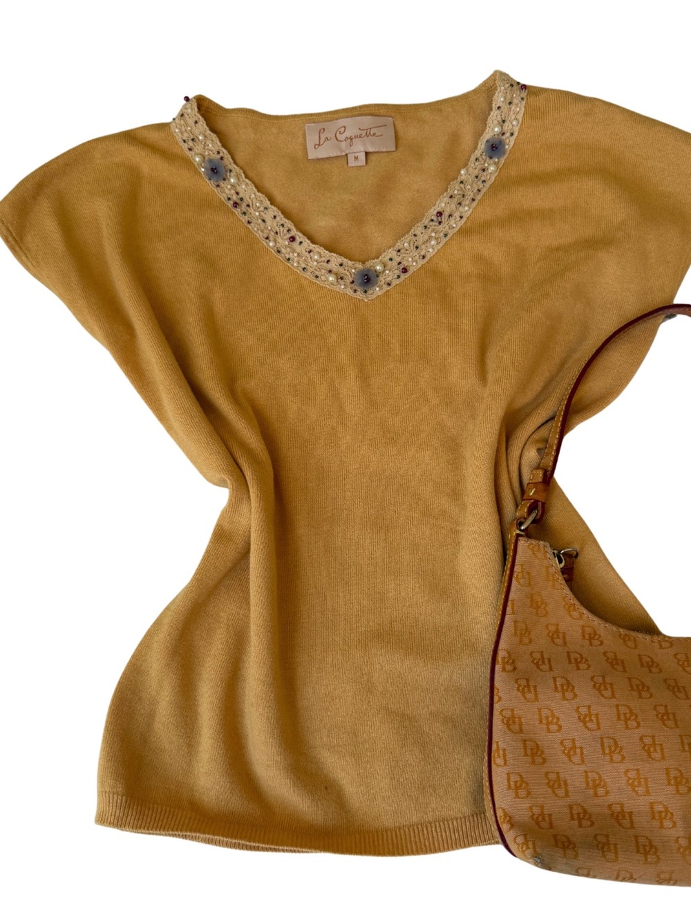 Mustard V-Neck Embellished Knit Top